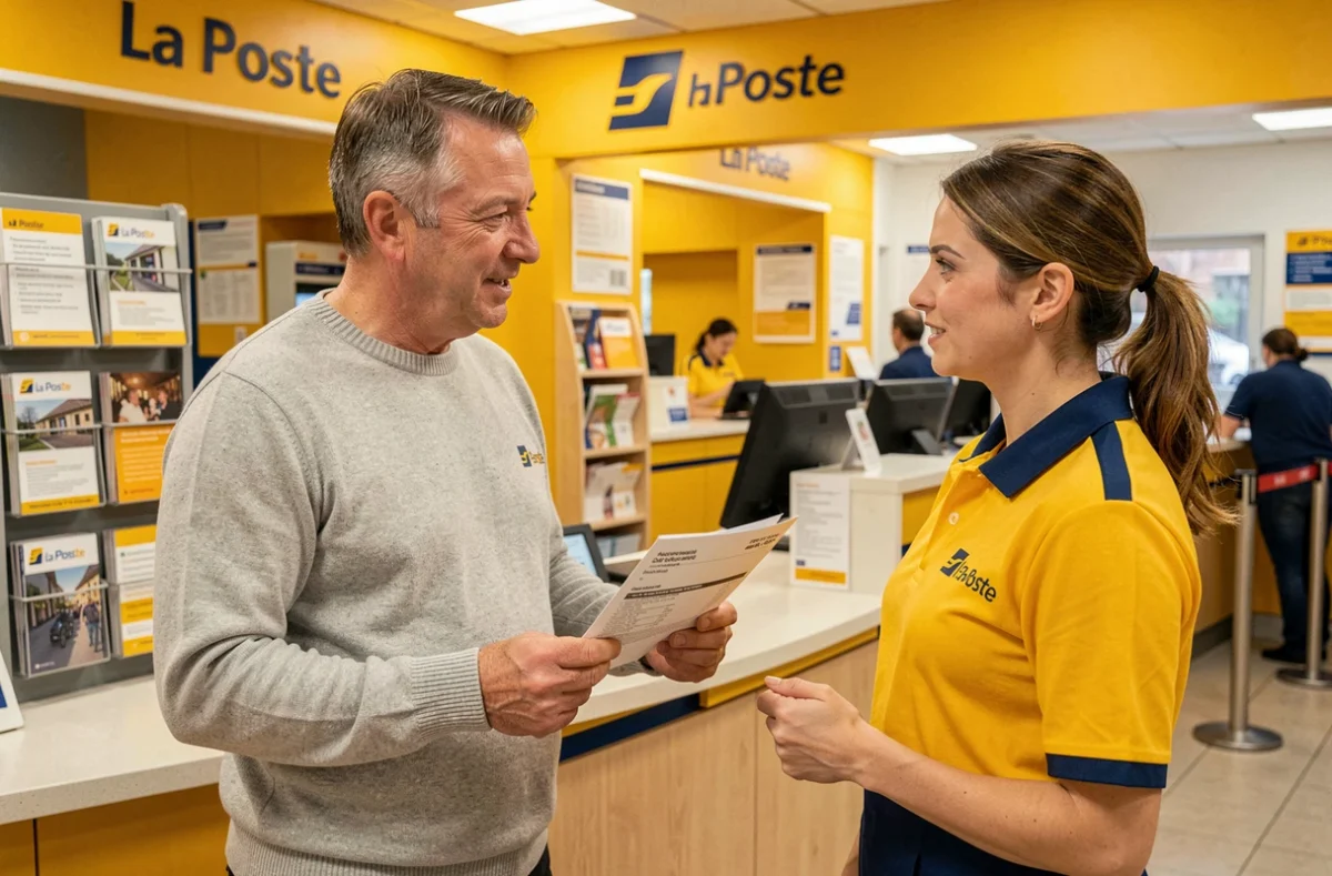 Client discutant d'un devis assurance habitation avec un conseiller dans une agence La Banque Postale