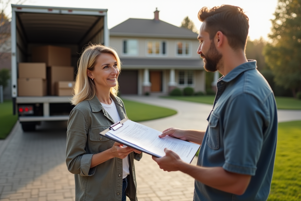 Femme examinant un devis de déménagement avec un professionnel