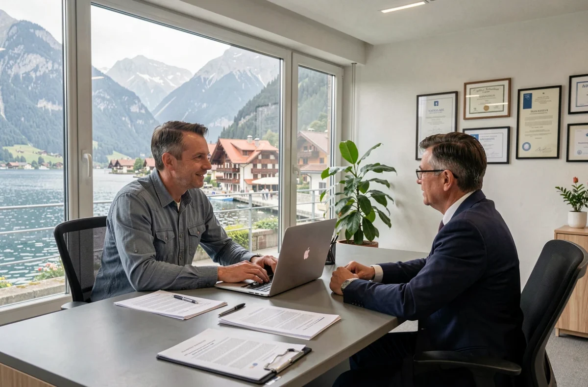 Homme en rendez-vous avec un conseiller en assurance habitation dans une agence d'Annecy