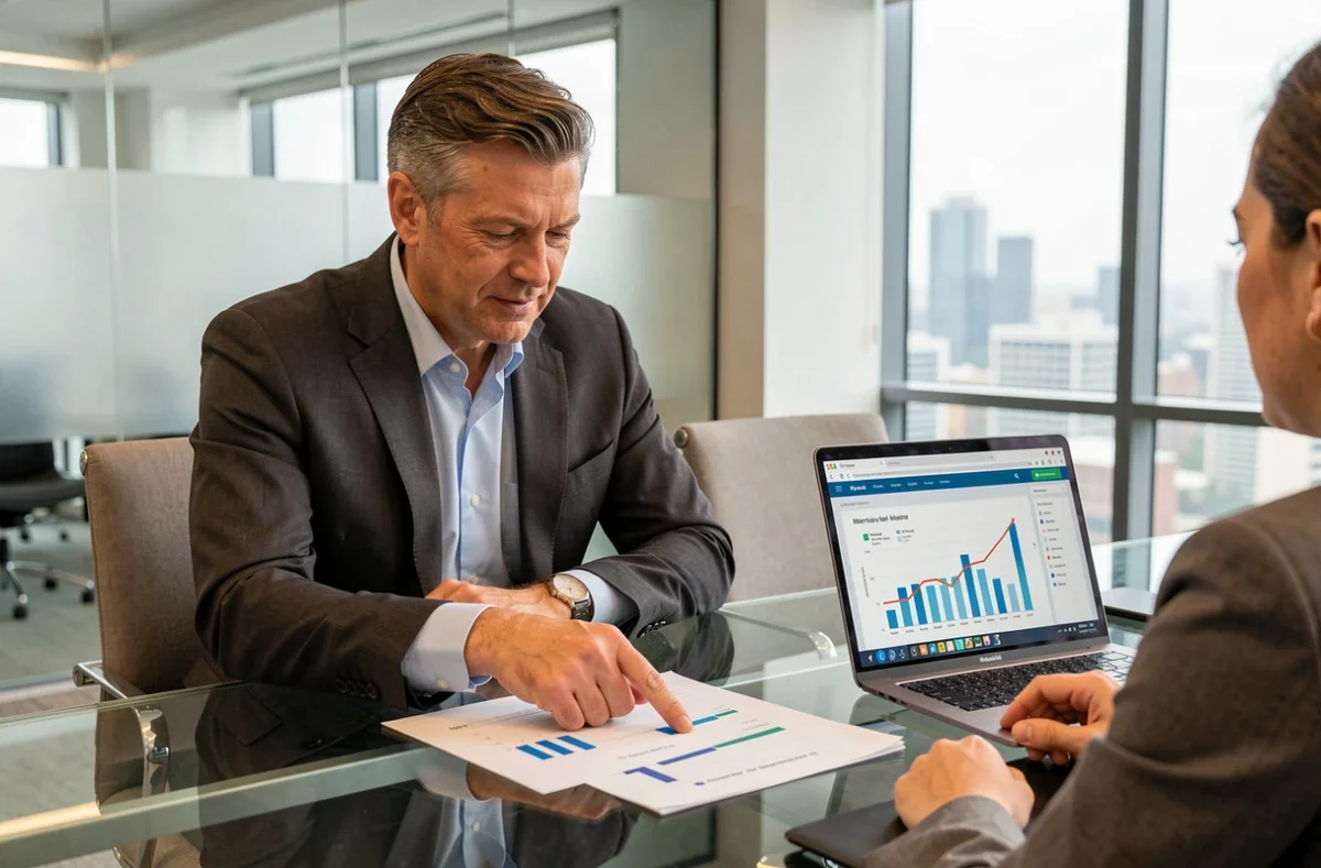 Conseiller immobilier présentant une analyse de marché à un client pour un projet immobilier en 2026