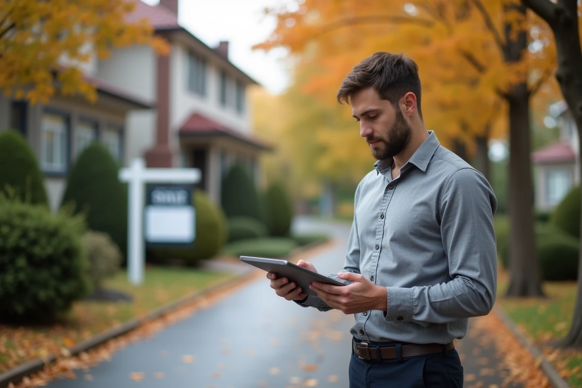 Conseiller immobilier utilisant Omegasafti sur tablette devant un bien en vente