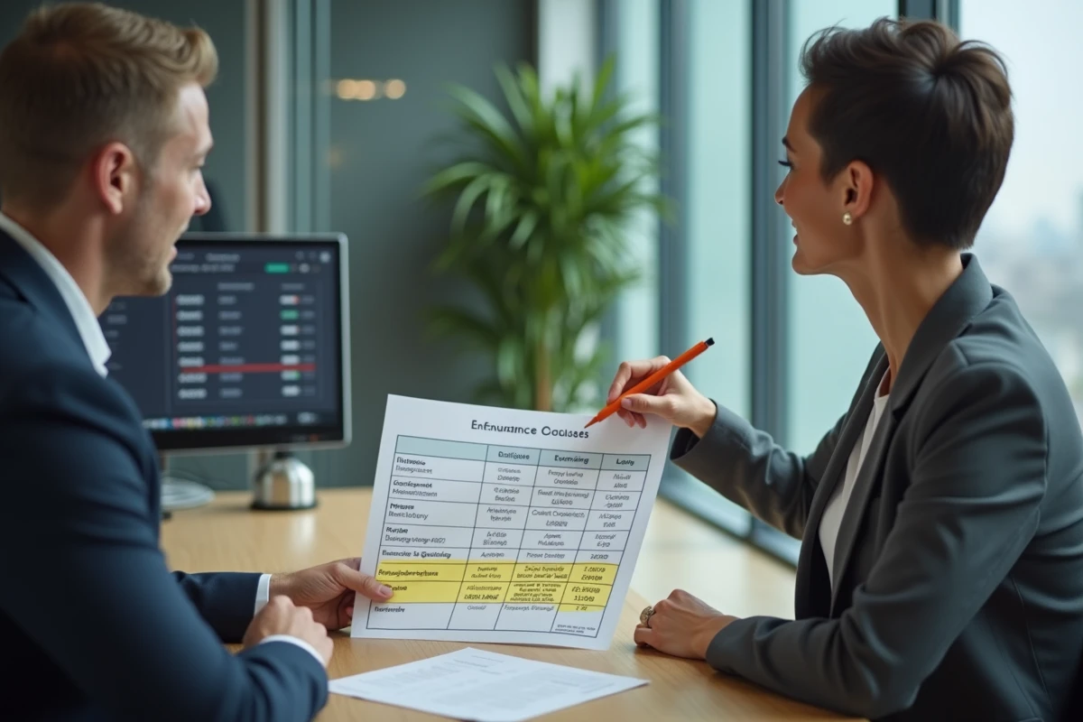 Conseillère en assurance expliquant les exclusions d'un contrat PNO à un propriétaire bailleur