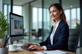 Conseillère immobilière utilisant un logiciel de gestion Omegasafti sur son poste de travail en agence