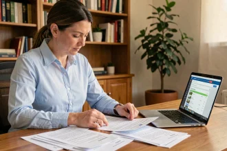 Femme consultant des documents cadastraux et une base de données foncière en ligne pour identifier le propriétaire d'une maison