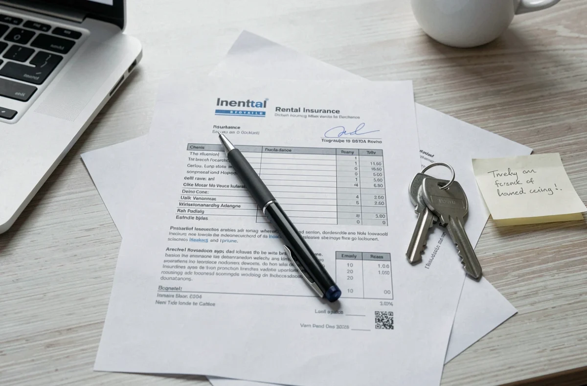 Contrat d'assurance location posé sur un bureau avec des clés et un stylo