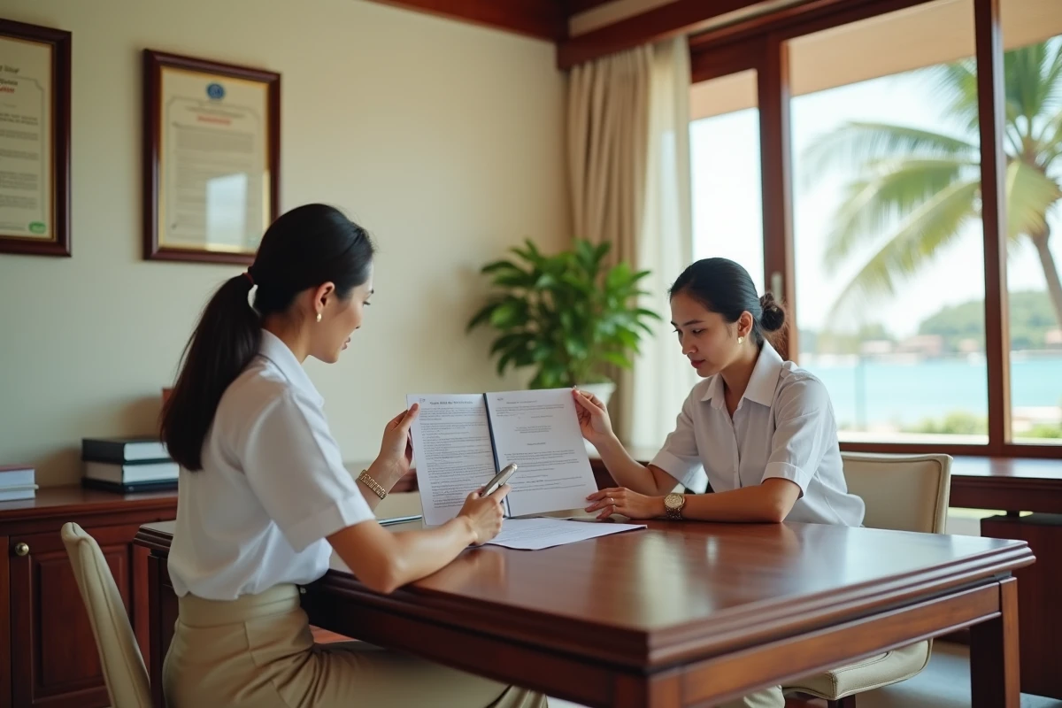 Femme étrangère lisant un contrat immobilier avec un notaire thaïlandais avant l'achat d'une maison en Thaïlande