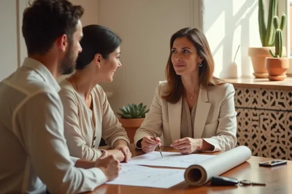 Agent immobilier et locataires signant un contrat de location annuelle dans un bureau de style riad à Essaouira