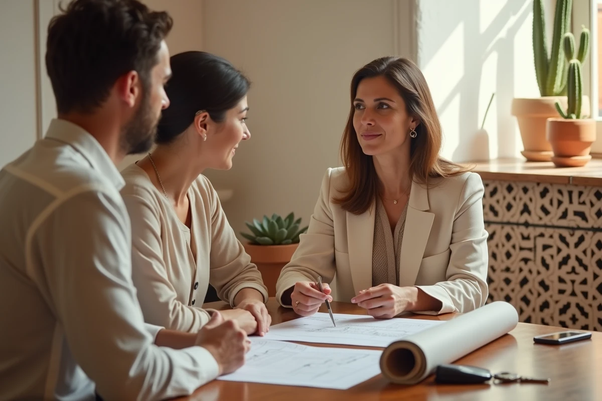 Agent immobilier et locataires signant un contrat de location annuelle dans un bureau de style riad à Essaouira