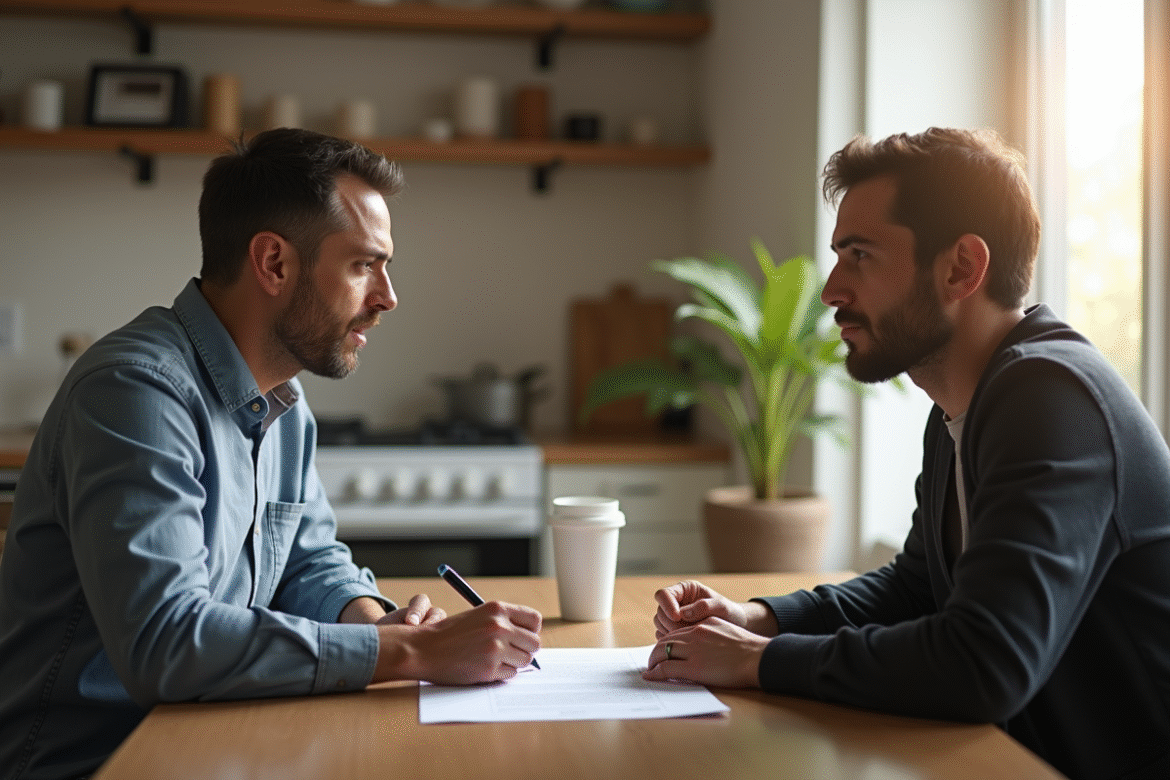 Propriétaire et locataire discutant du contrat de location dans une cuisine