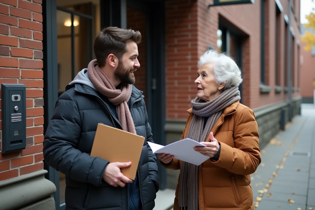 Jeune homme et femme discutant devant un immeuble en ville