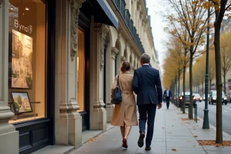 Couple élégant devant une agence immobilière de luxe dans le 16e arrondissement de Paris, vitrines affichant des prix élevés