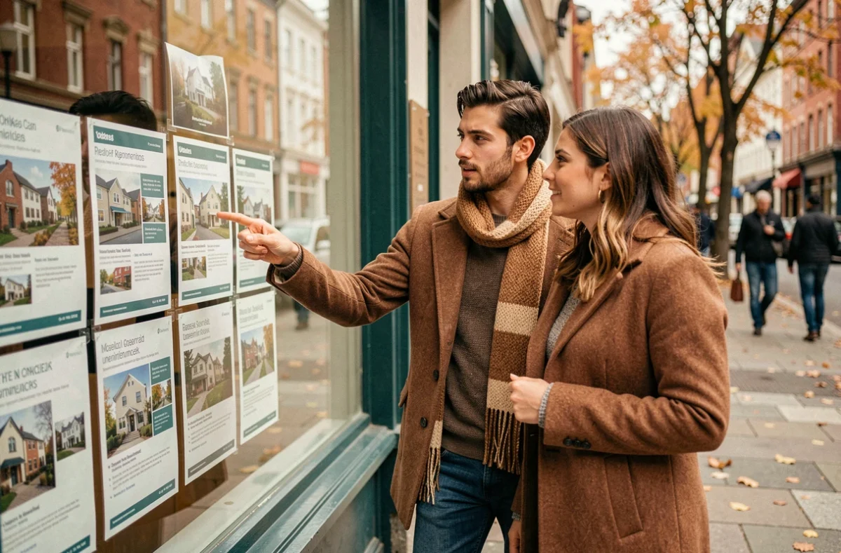 Couple de jeunes adultes devant une agence immobilière discutant d'un projet d'emprunt de 200 000 euros