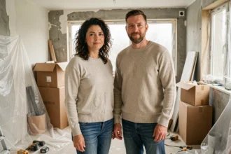 Couple dans un appartement en travaux entouré de cartons et de bâches de protection, illustrant un relogement temporaire pendant des rénovations