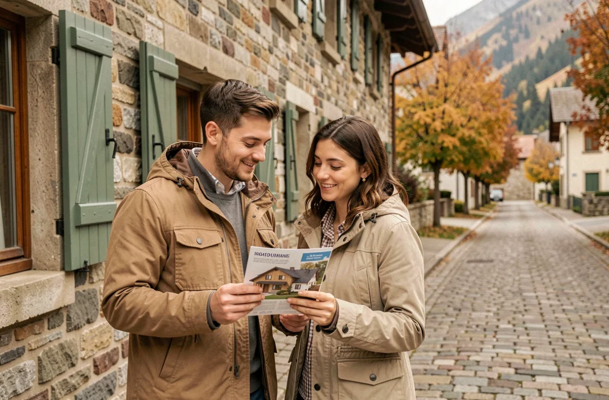 Couple lisant une brochure d'assurance habitation devant une maison traditionnelle savoyarde à Annecy