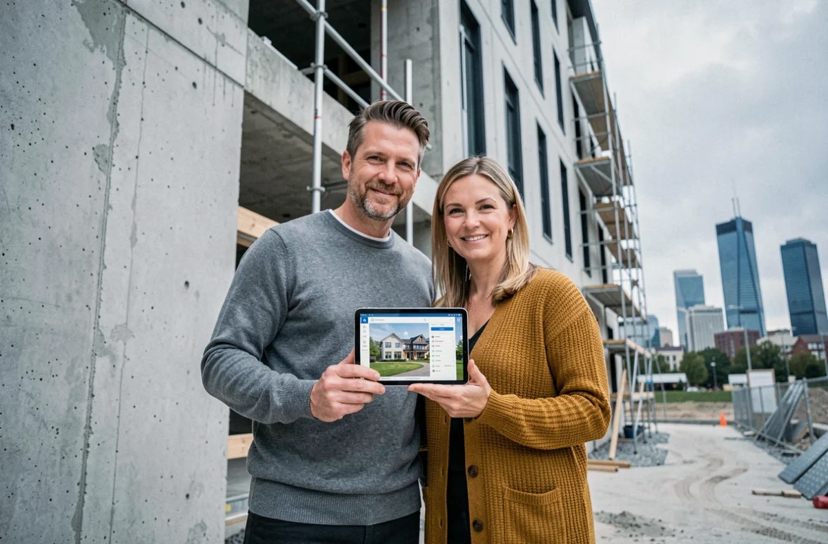 Couple devant un chantier immobilier consultant une plateforme de conseil pour leur projet d'achat en 2026