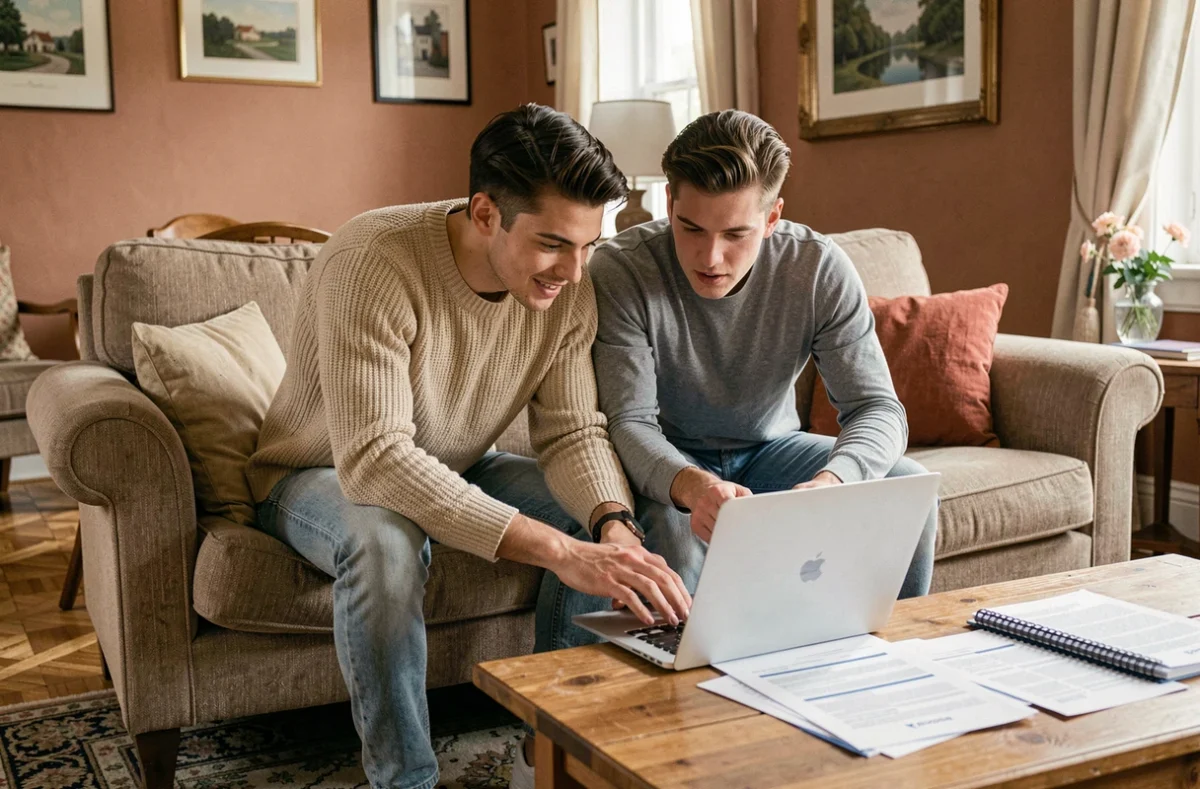 Couple comparant des devis d'assurance habitation en ligne sur un ordinateur portable dans leur salon