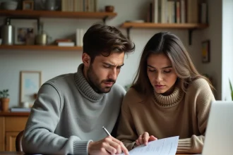 Couple consultant des documents sur les conditions de revenus pour le logement Cileo à leur table de cuisine