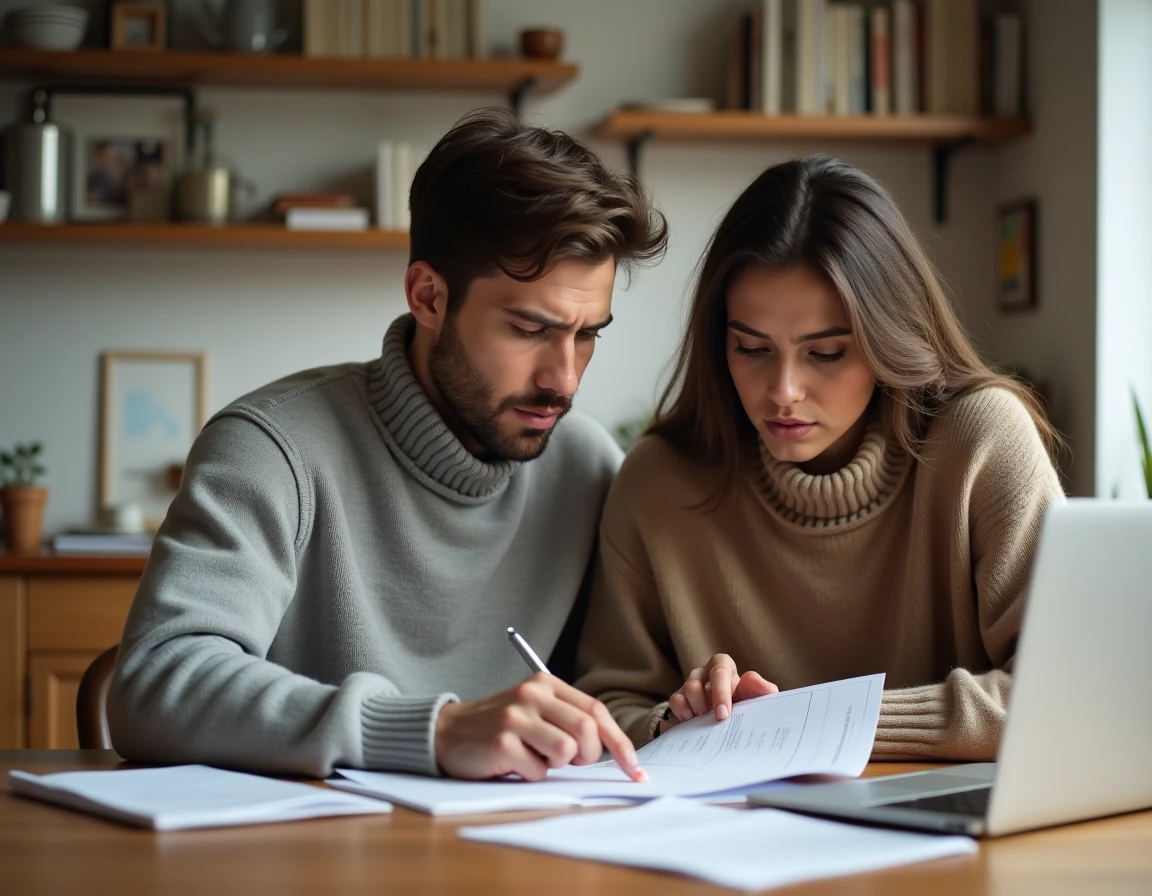 Couple consultant des documents sur les conditions de revenus pour le logement Cileo à leur table de cuisine