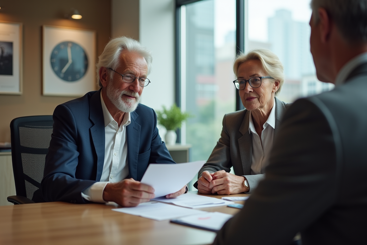 Couple d age rencontrant un conseiller bancaire dans un bureau
