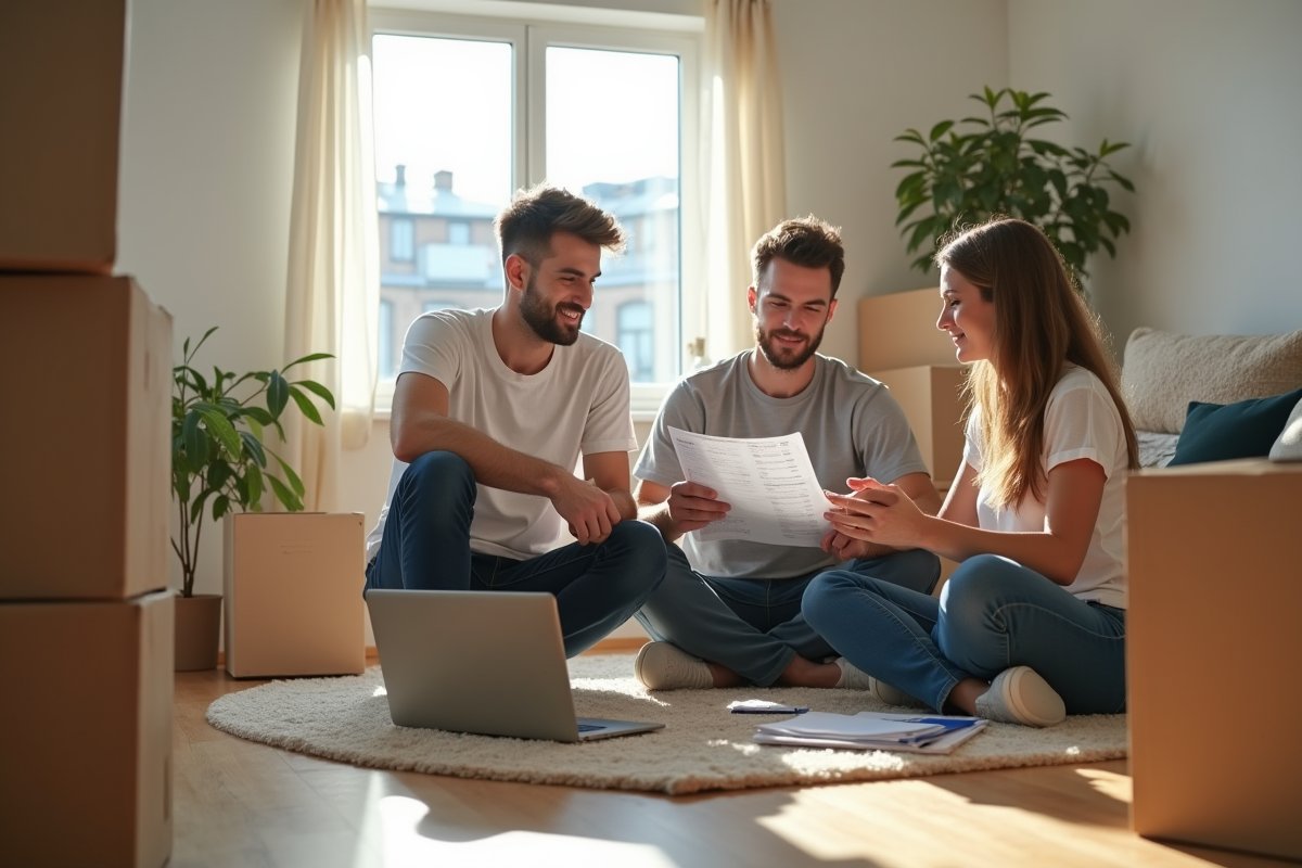 Jeune couple discutant avec une représentante de déménagement