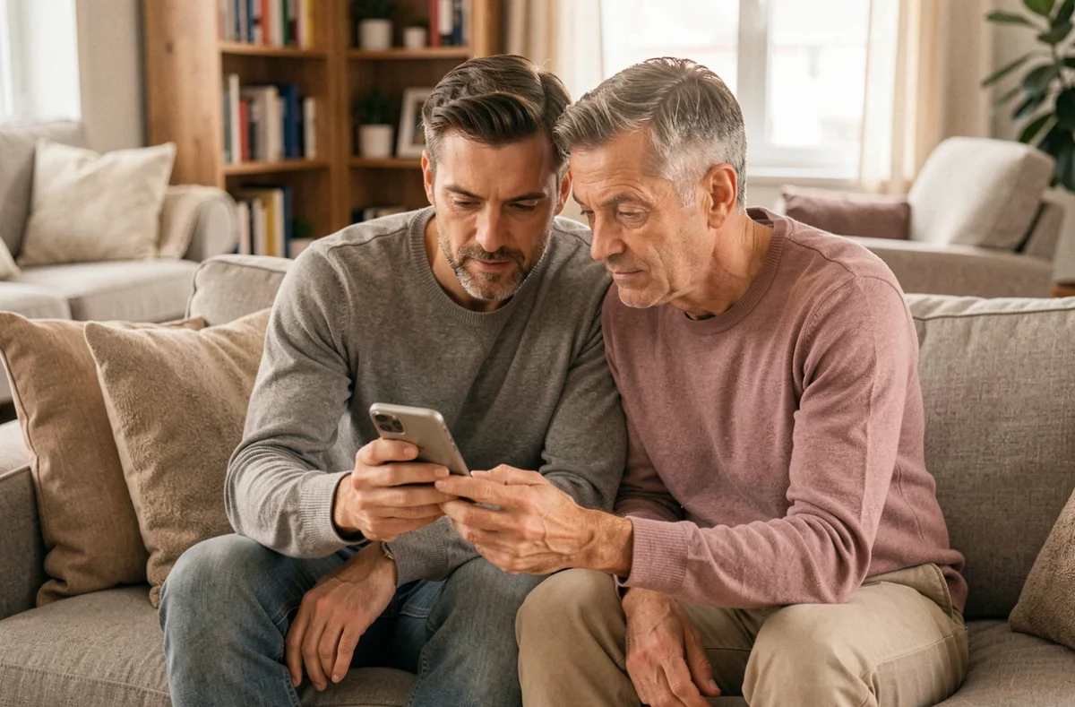 Couple utilisant un smartphone pour obtenir un devis assurance habitation CIC depuis leur salon