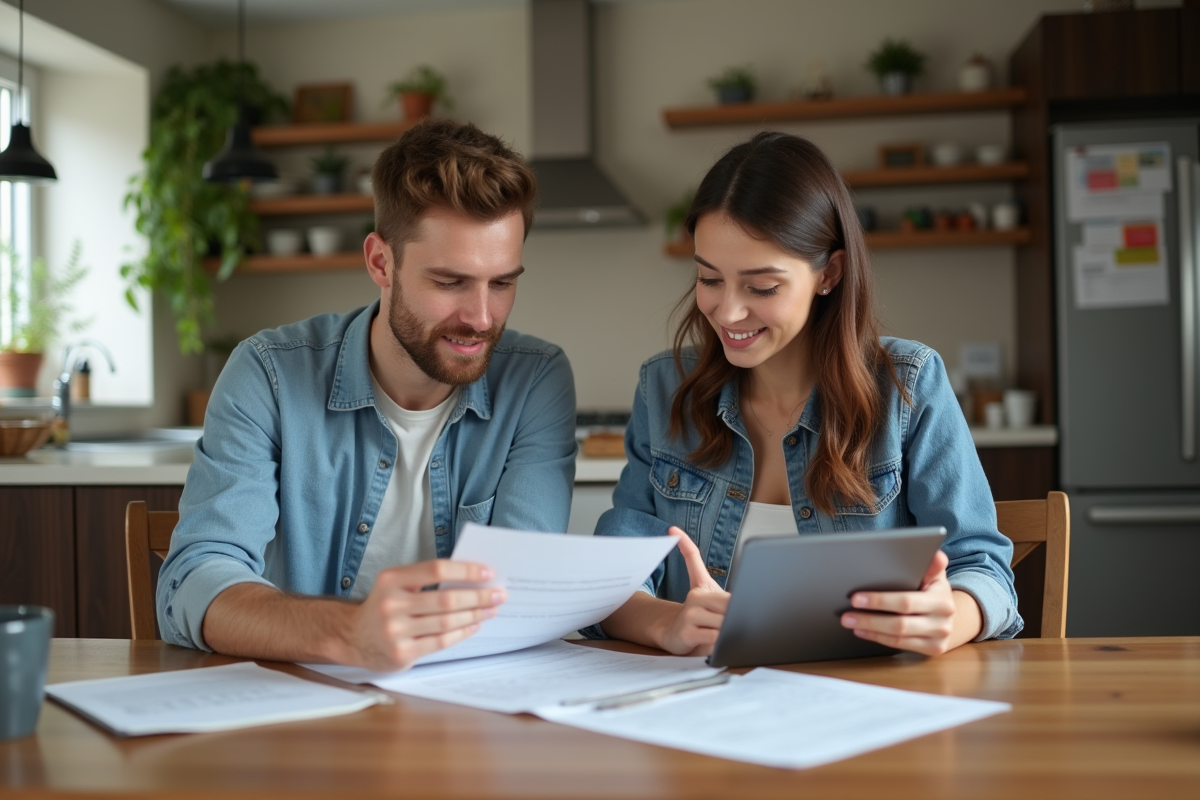 Jeune couple discutant autour de documents à la maison