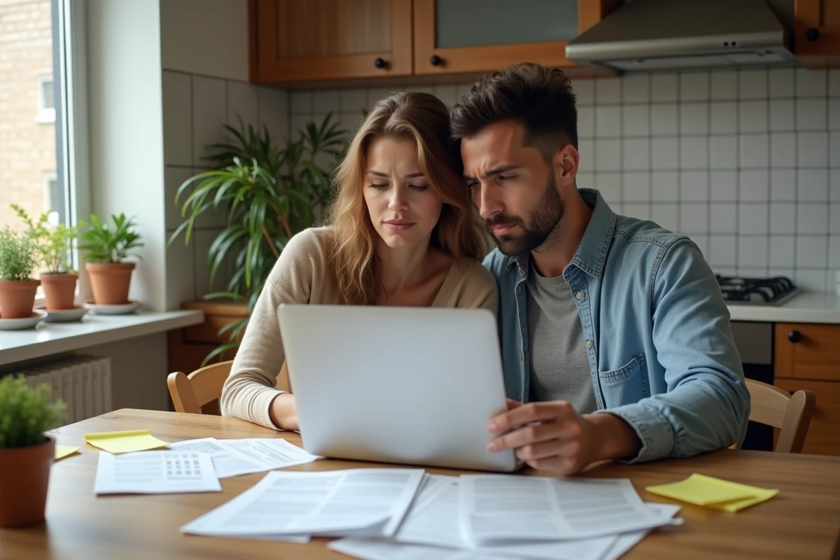 Couple examinant ensemble un dossier de demande de logement social à domicile