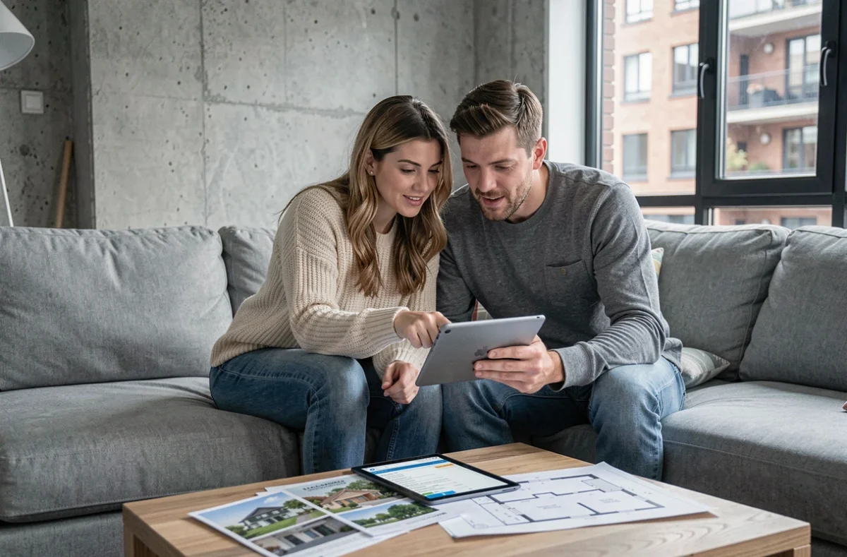 Couple consultant ensemble une plateforme d'estimation immobilière en ligne sur une tablette dans leur salon