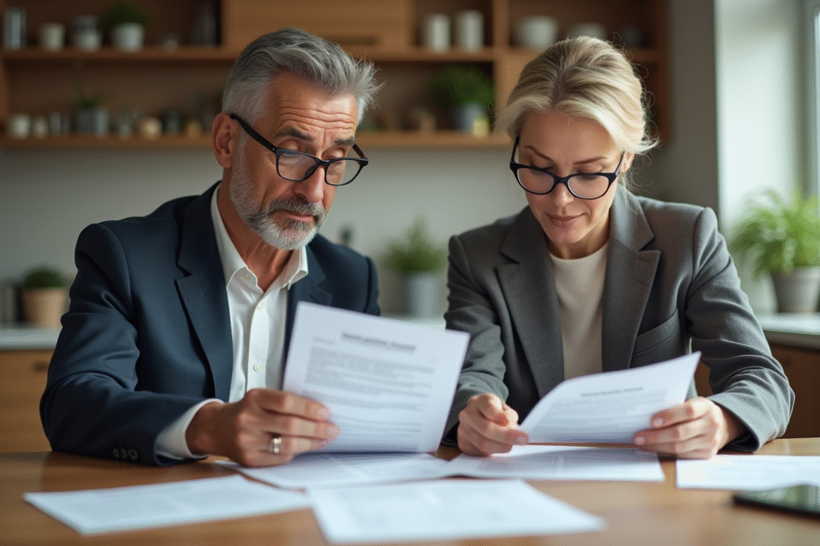 Couple d'adultes analysant des documents financiers à la maison
