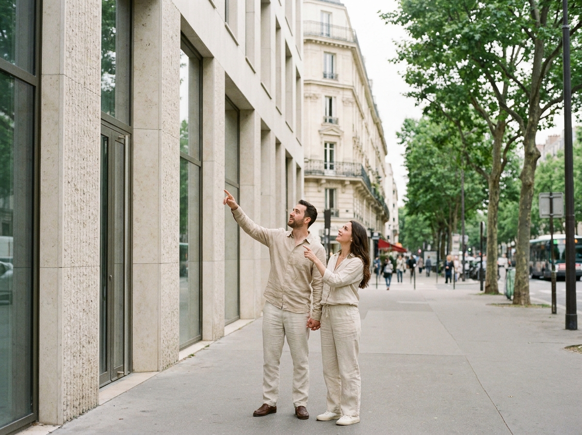 Couple visitant un immeuble neuf dans le 12e arrondissement de Paris, façade contemporaine en pierre et verre, ambiance urbaine parisienne