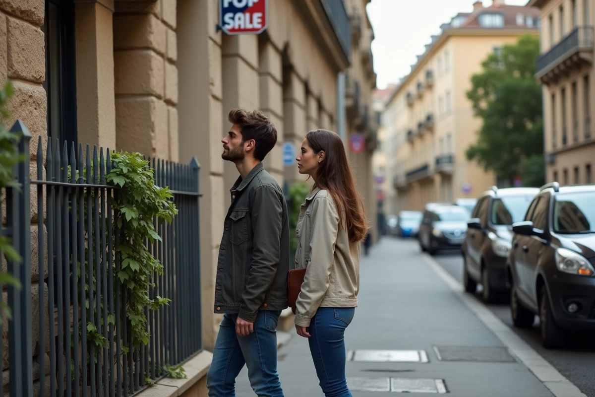 Jeune couple regardant une maison à vendre à Lyon