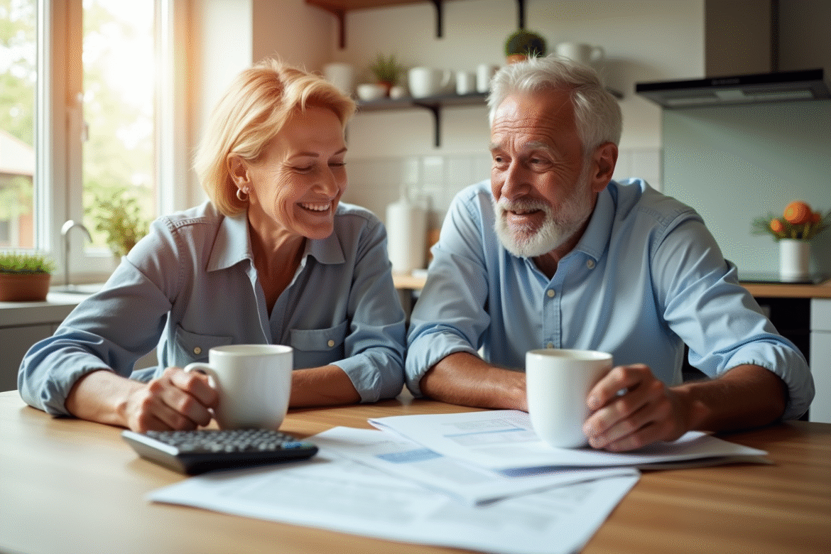 Couple mature vérifiant documents fiscaux dans une cuisine lumineuse