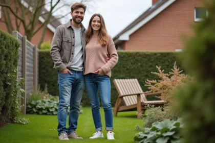 Jeune couple souriant dans leur jardin en France