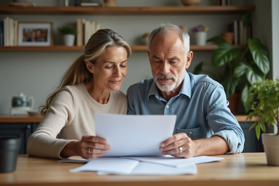 Couple d'adultes lisant des papiers à la maison