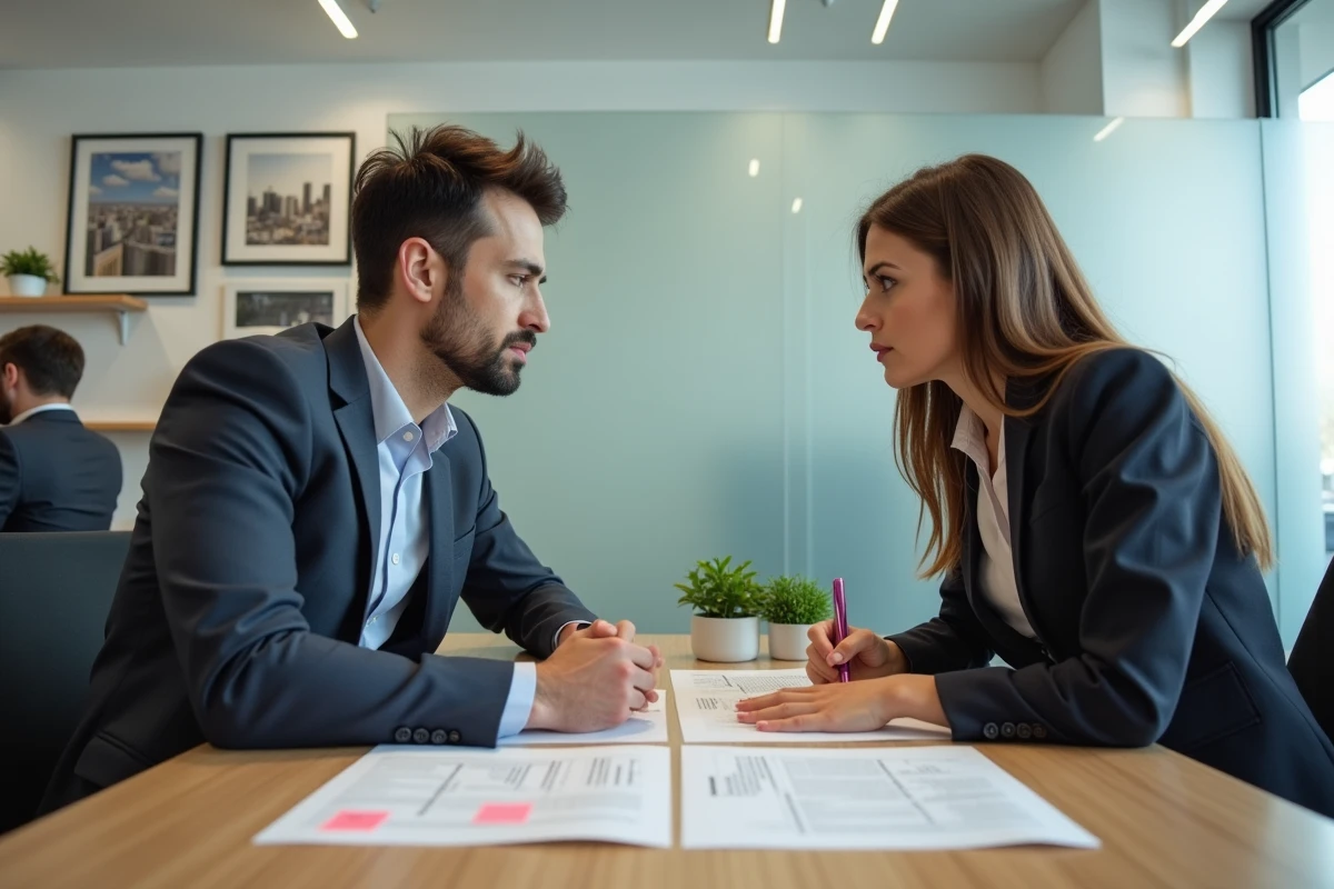 Couple de locataires en discussion avec un agent immobilier autour d'un contrat de location annoté, représentant les démarches pour annuler ou corriger un préavis de location