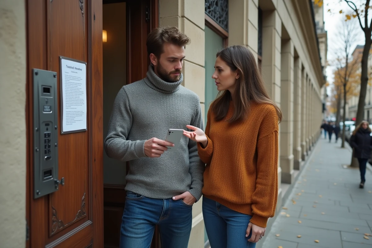 Jeune couple de locataires lisant un avis de révision de loyer affiché à l'entrée d'un immeuble parisien