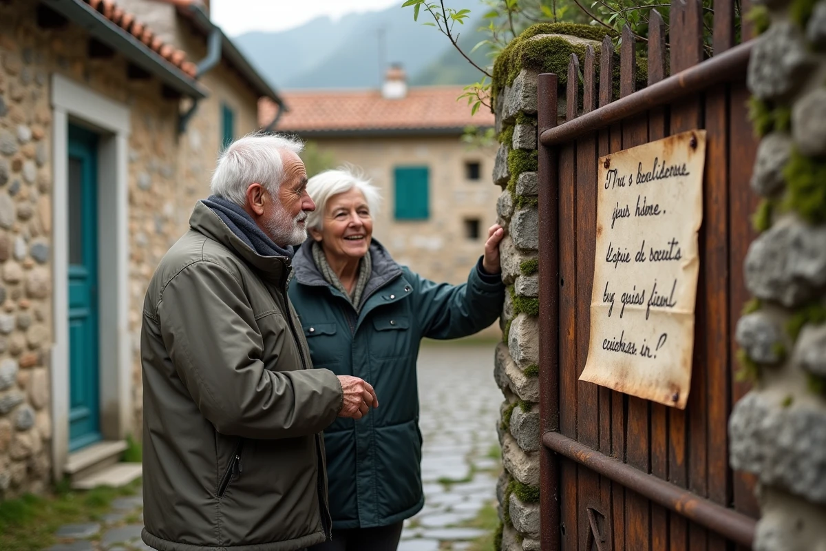 Couple examinant une annonce sur le portail d'une maison abandonnée dans un village de PACA