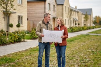 Couple en veste automnale devant maisons neuves