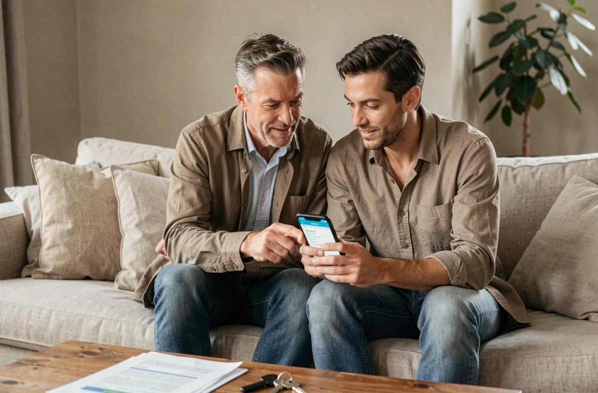 Couple consultant ensemble leur espace copropriété MyFoncia sur smartphone dans leur salon