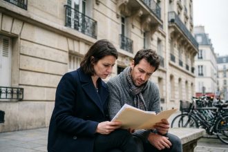 Jeune couple à Paris examinant des documents en extérieur