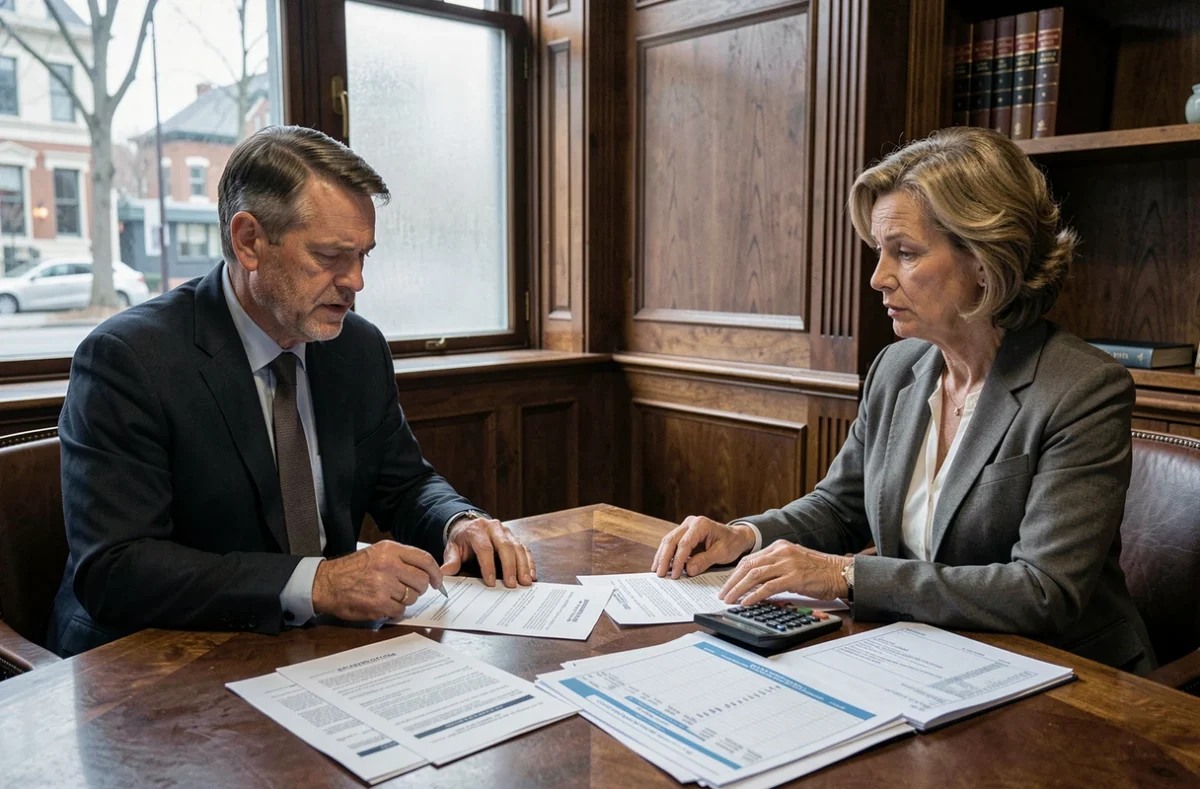 Couple de particuliers examinant des tableaux d'indices ICC avec un notaire dans un bureau officiel