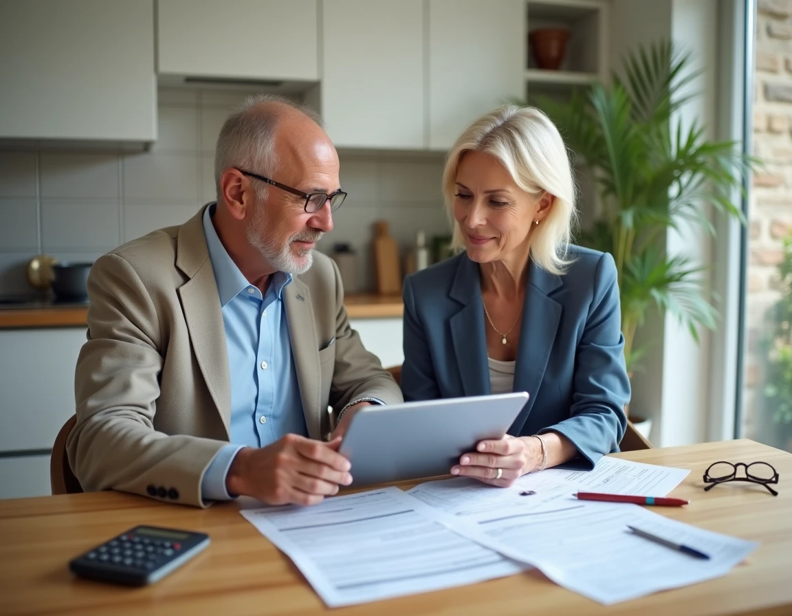 Couple de propriétaires examinant les options de déclaration LMNP sur tablette et documents papier