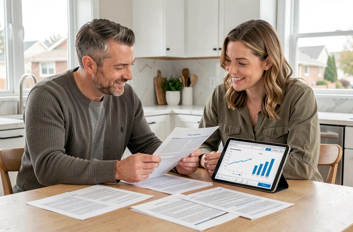 Couple de propriétaires analysant leurs relevés de gestion locative et patrimoine immobilier ensemble à domicile