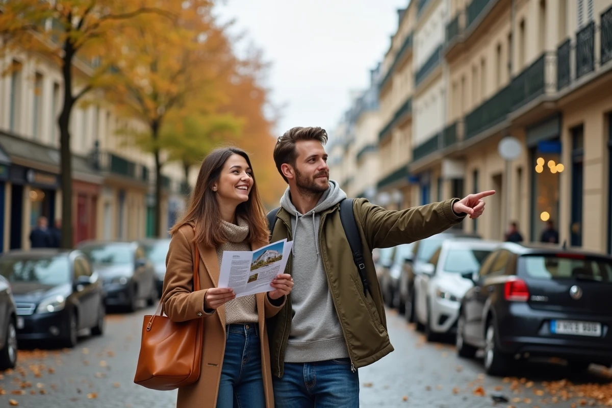 Couple cherchant un logement dans une rue résidentielle d'une commune classée en zone tendue
