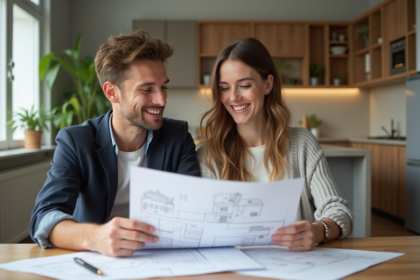 Couple en discussion dans une cuisine rénovée avec plans
