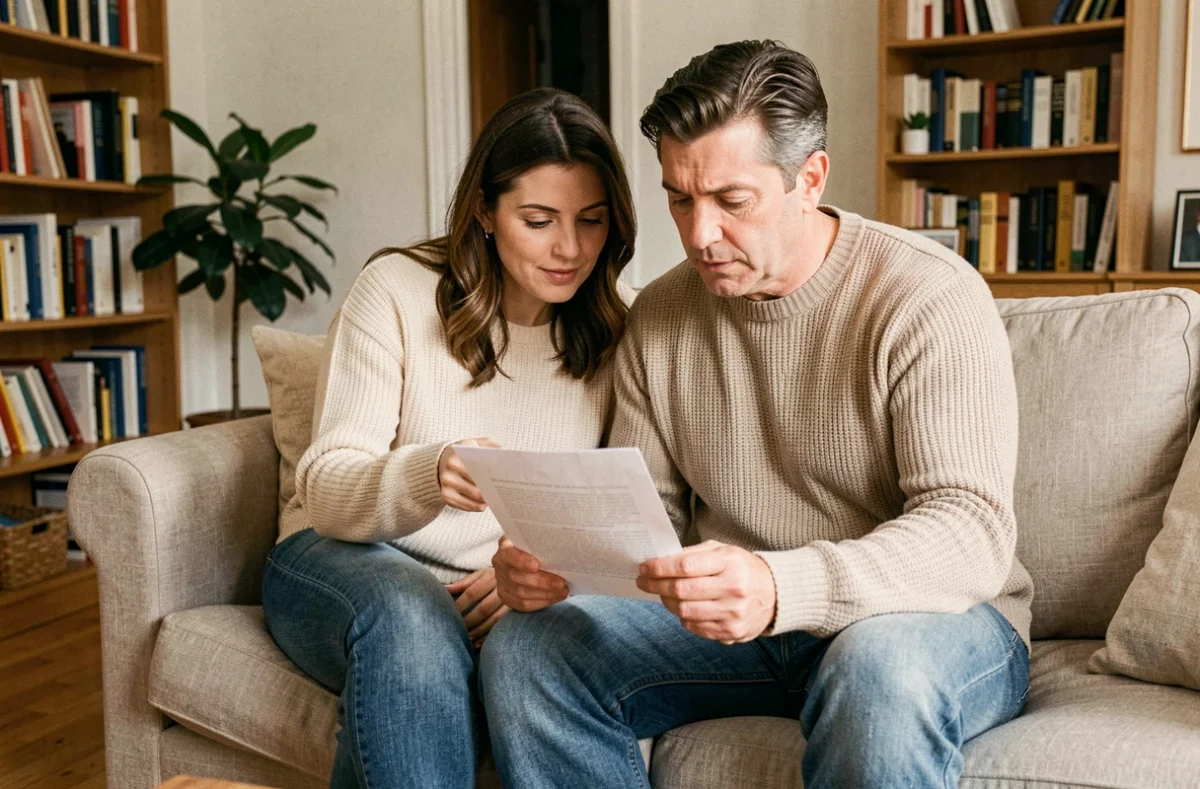 Couple examinant un courrier de résiliation d'assurance habitation dans leur salon