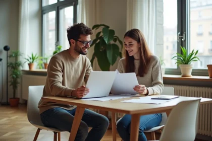 Jeune couple travaillant à la maison dans un appartement moderne
