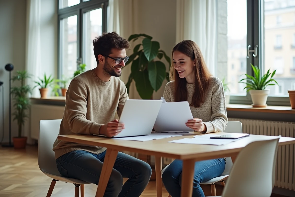 Jeune couple travaillant à la maison dans un appartement moderne