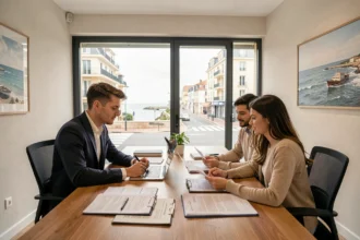 Courtier en prêt immobilier conseillant un couple dans une agence moderne en Charente-Maritime