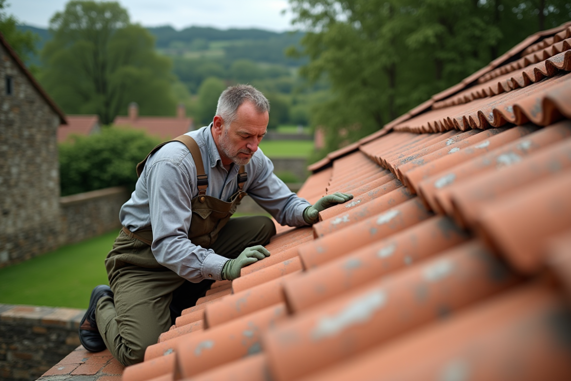 Ouvrier couvreur inspectant des tuiles en campagne